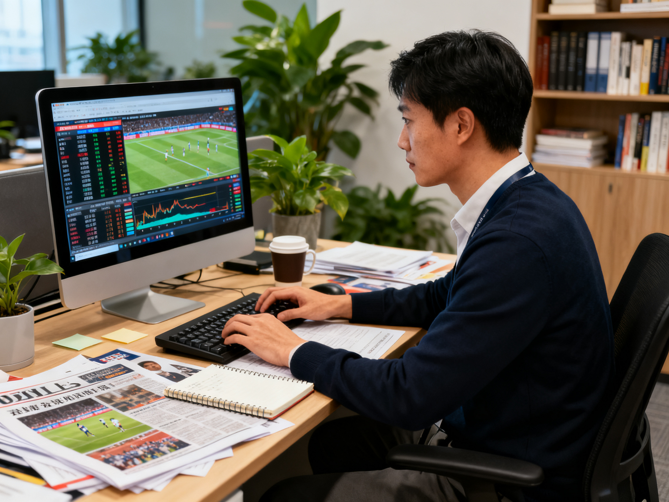 体育资讯编辑场景中整理赛事新闻与战报内容的工作画面